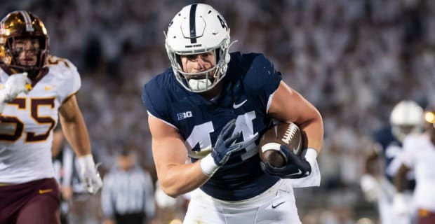 Penn State Nittany Lions tight end Tyler Warren catches a pass during a college football game in the Big Ten.